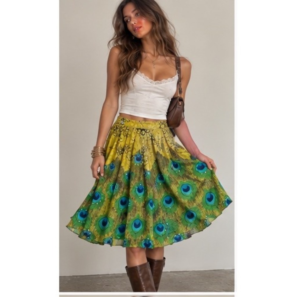 Y2K Boho Peacock Feather Print Sequin Midi Skirt Yellow Green Boho XS